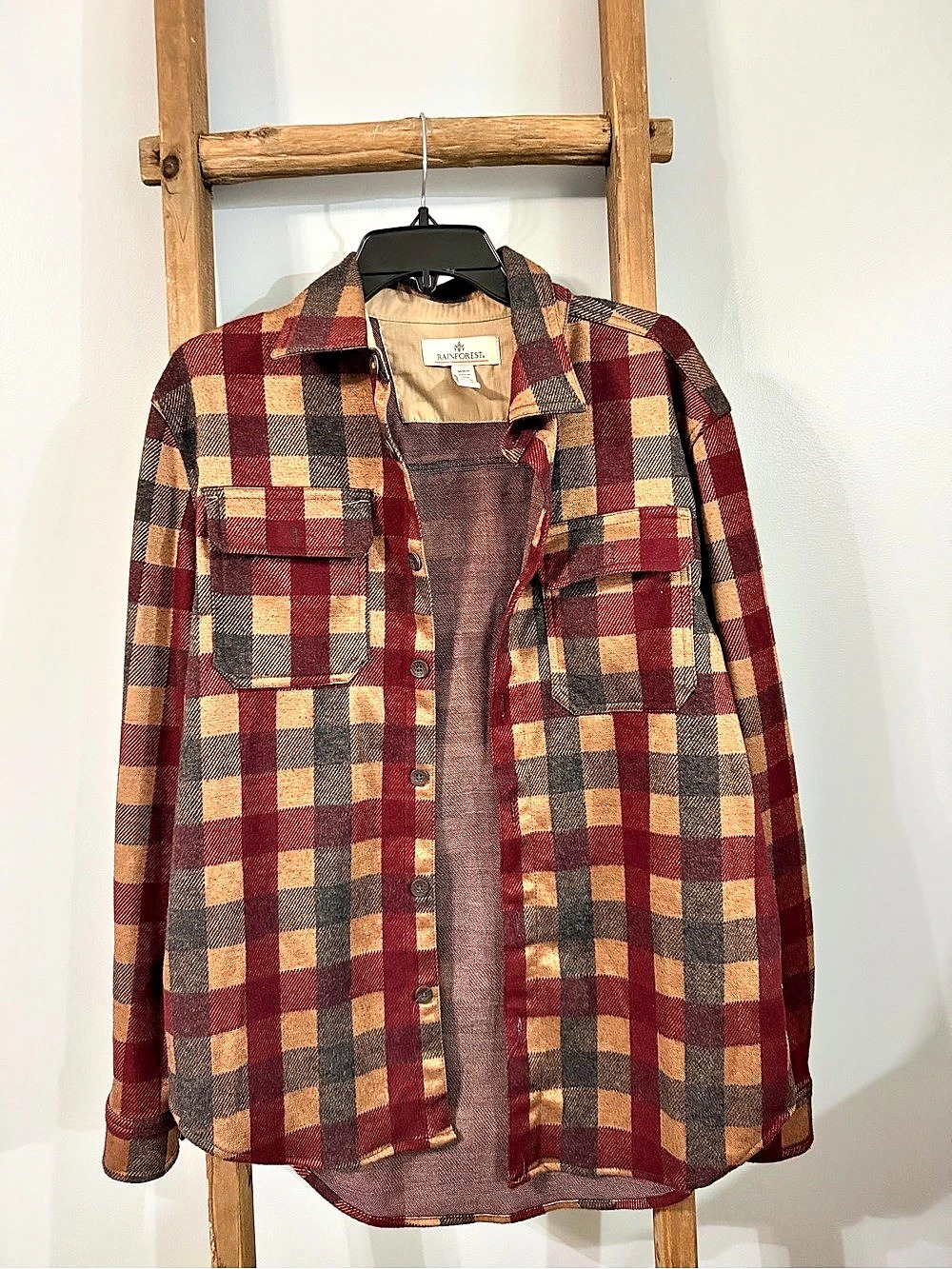 Rainforest Men’s Plaid Flannel Jacket/Shacket – Burgundy Tan Gray – Workwear Sty